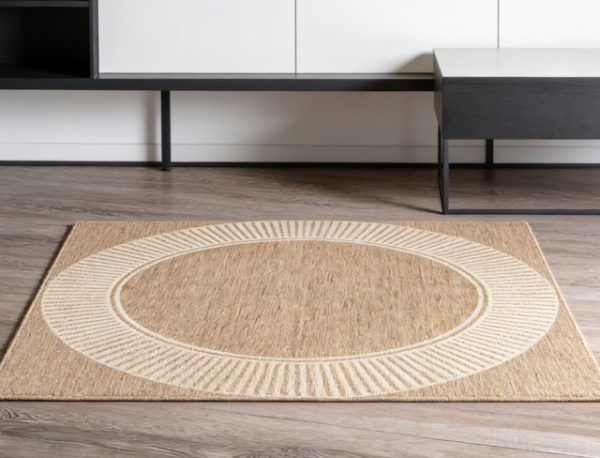 Durable, Stain-Resistant Woven Rug, 6cm 7-cm Round | Light Brown Striped Border | Suitable for Patios, Balconies, Living Rooms, and Dining Rooms