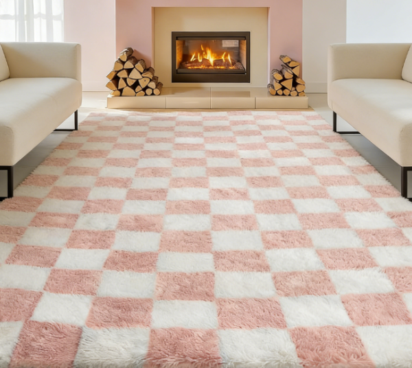 Pink & White Plaid Shag Rug, Washable & Non-Slip | Ultra-Soft, Plush Texture | Modern Aesthetic Decor for Living Rooms & Bedrooms